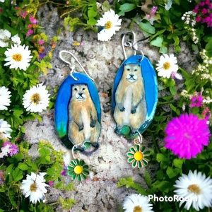 Handpainted groundhog earrings sterling wires OOAK prairie dogs